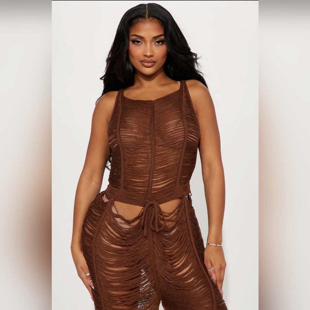 NWT Fashion Nova Chocolate Brown Crochet Jumpsuit Cover Up - Picture 2 of 5